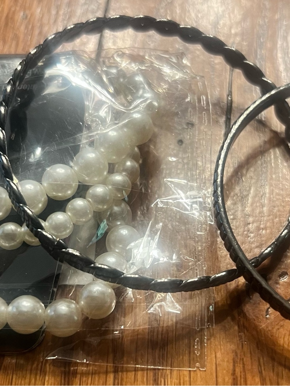 Set of 3 Classic Black Braided Bangle Bracelets and faux pearl Women Accessories